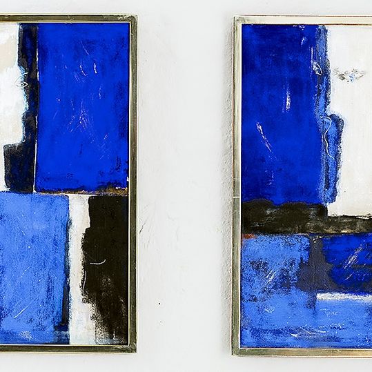 Kunstobjekt: Der Dialog Pigment auf Kunststoff, Weißgold auf Holz 40x70